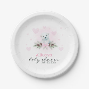 Plato De Papel Chica de corazón de osito polar rosado Baby Shower