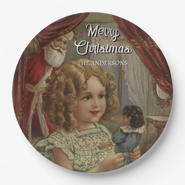 Plato De Papel Chica de cosecha festiva Santa Doll Plate (Anverso)