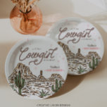 Plato De Papel Chica de Cowgirl occidental Baby Shower<br><div class="desc">Prepárate para una ducha de bebé "rootin'-tootin" que capta el espíritu del Lejano Oeste. Este encantador diseño cuenta con una letra de cuerda lúdica que se abre paso a través de escenas ilustradas a mano de rodeos y vaqueras, con caballos galopantes y paisajes desérticos. Perfecto para cualquier ducha de chica,...</div>