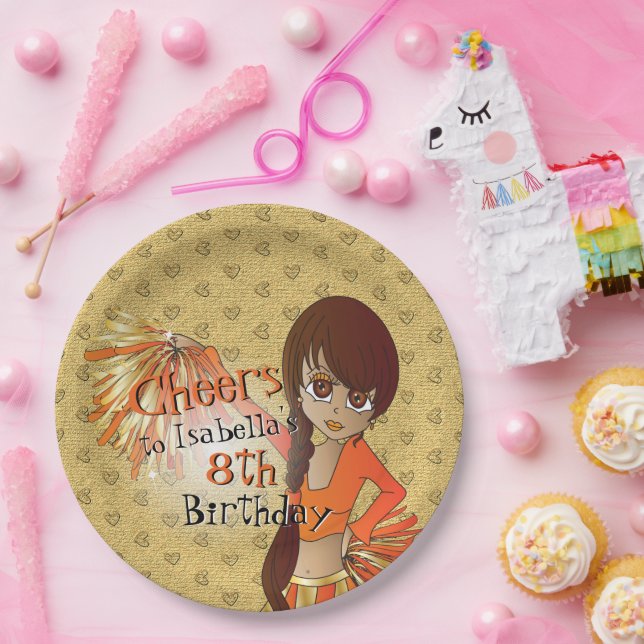 Plato De Papel Chica de cumpleaños de Cheerhead - Naranja (Fiesta)