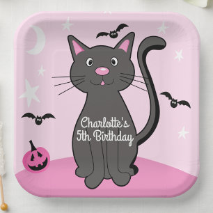 Plato De Papel Chica de cumpleaños de gato negro de Halloween ros