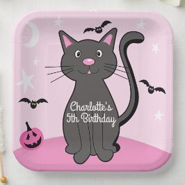 Plato De Papel Chica de cumpleaños de gato negro de Halloween ros