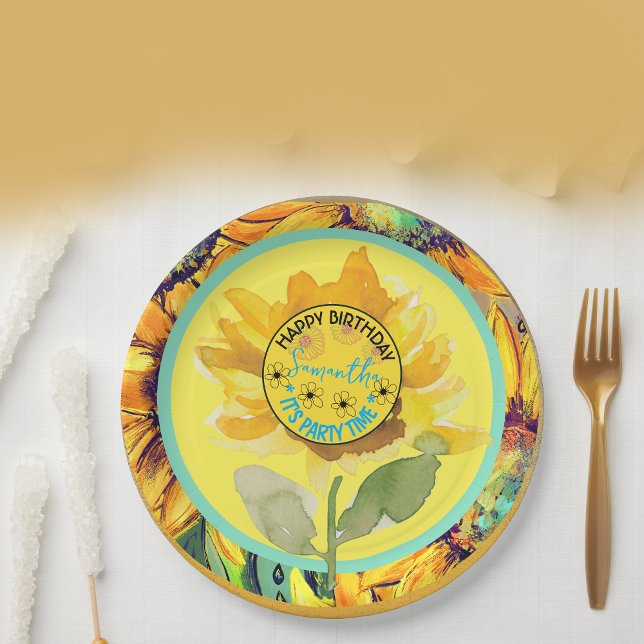 Plato De Papel Chica de cumpleaños de girasol amarillo negro (Sunflower Birthday Girl Yellow Black Paper Plates)