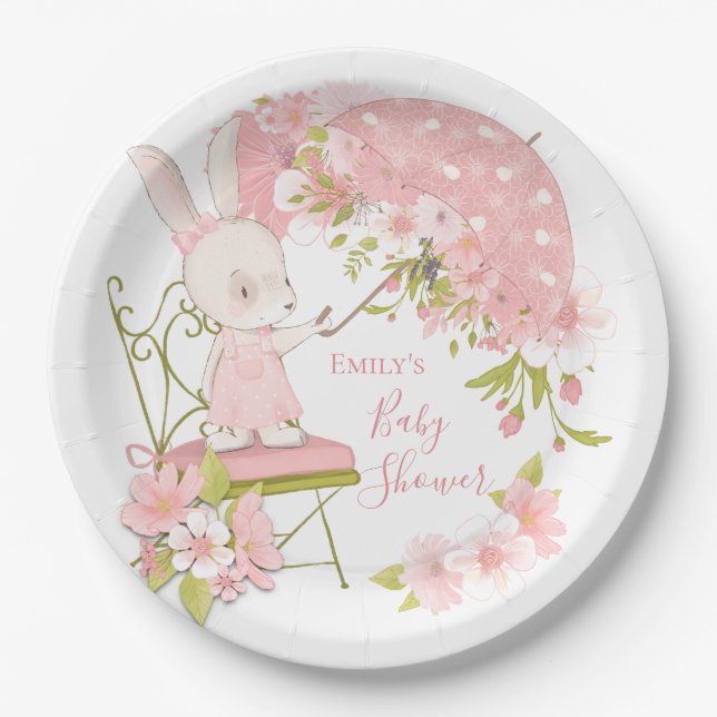 Plato De Papel Chica de  de Cute Bunny Pink Florals Baby Shower (Anverso)