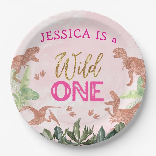 Plato De Papel Chica de Dinosaurio Cute T Rex Primer Fiesta de Cu (Anverso)