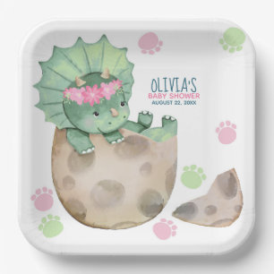 Plato De Papel Chica de Dinosaurios de Triceratops Baby Shower