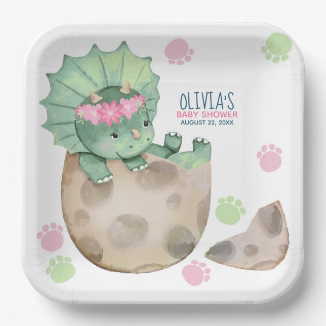 Plato De Papel Chica de Dinosaurios de Triceratops Baby Shower (Anverso)