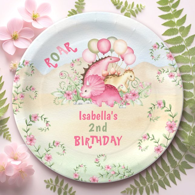 Plato De Papel Chica de Dinosaurios Pastel Rosa Cute Floral Segun (Dinosaur Girl Pink Pastel Cute Floral 2nd and any Birthday Paper Plates)