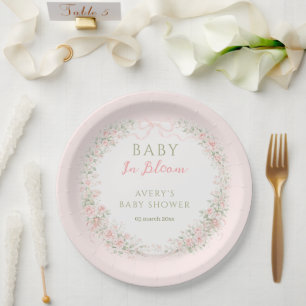 Plato De Papel Chica de ducha de bebé en flor con lazo floral