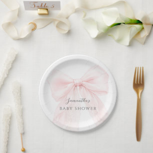 Plato De Papel Chica de ducha de bebé moderna con lazo rosa