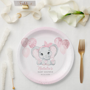 Plato De Papel Chica de elefante cúbico color agua rosa Baby Show