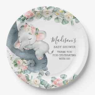 Plato De Papel Chica de Elefante Floral Rosa Baby Shower Cumpleañ