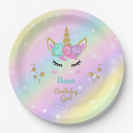 Plato De Papel Chica de Fiesta mágico de Unicorn con nombre