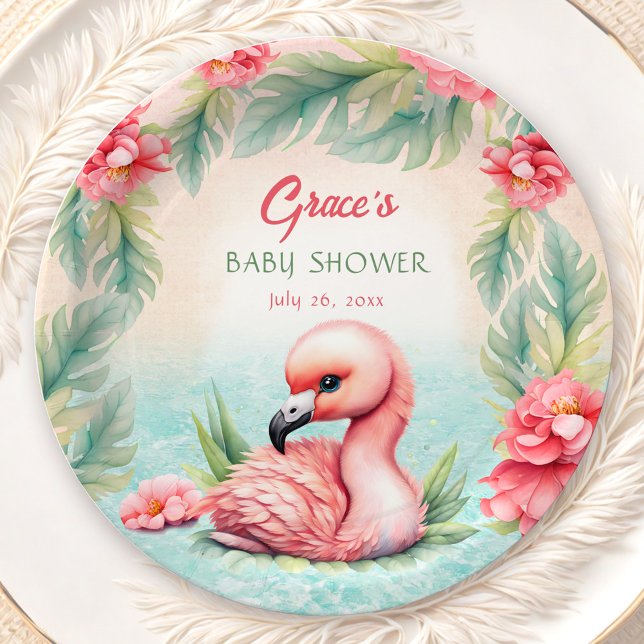 Plato De Papel Chica de flamenco rosado de verano tropical Baby S (Tropical Summer Pink Flamingo Girl Baby Shower Paper Plates)