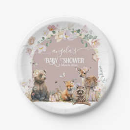 Plato De Papel Chica de flores de animales de Woodland Baby Showe