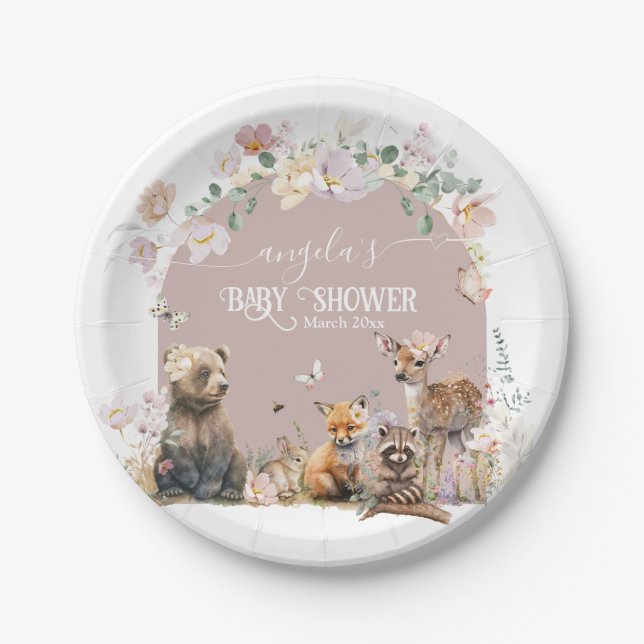 Plato De Papel Chica de flores de animales de Woodland Baby Showe (Anverso)