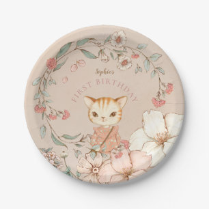 Plato De Papel Chica de Flores de Gato Cute Vintage Rubor Primer 