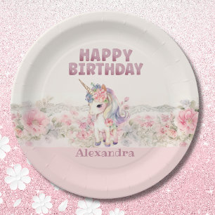 Plato De Papel Chica de Flores Rosa Cute cumpleaños Unicornio