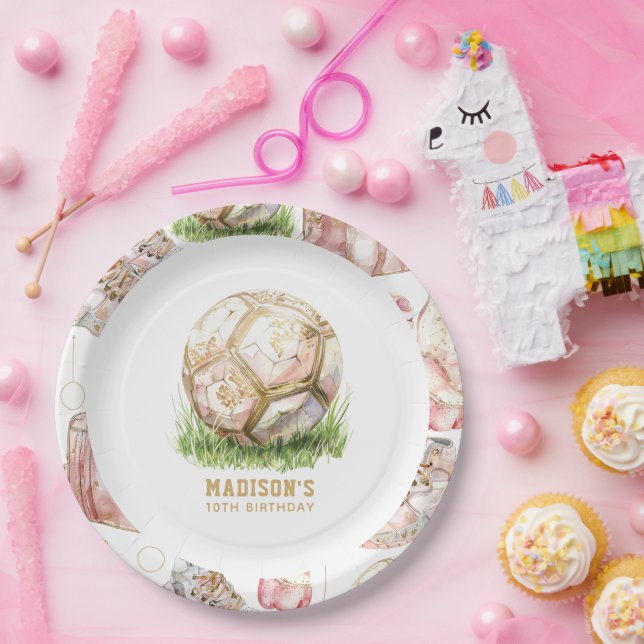 Plato De Papel Chica de fútbol Cumpleaños personalizado (Fiesta)