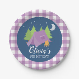 Plato De Papel Chica de glamping carpa morada Cumpleaños de campi