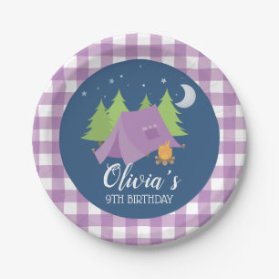 Plato De Papel Chica de glamping carpa morada Cumpleaños de campi