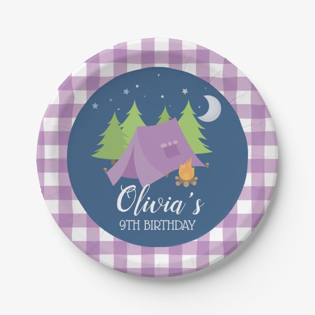 Plato De Papel Chica de glamping carpa morada Cumpleaños de campi (Anverso)