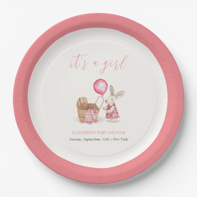 Plato De Papel Chica de globo Bunny Stroller Rosa Baby Shower (Anverso)