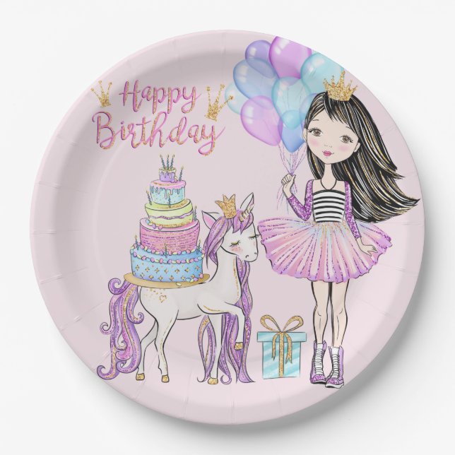 Plato De Papel Chica de Guay y cumpleaños moderno de la princesa  (Anverso)