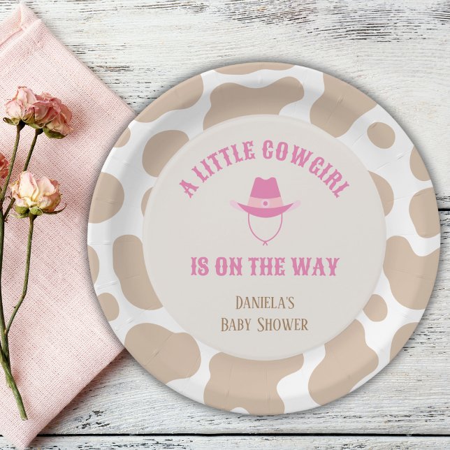 Plato De Papel Chica de impresión de vaca de rodeo Baby Shower (little cowgirl baby shower pink cow print paper plates)