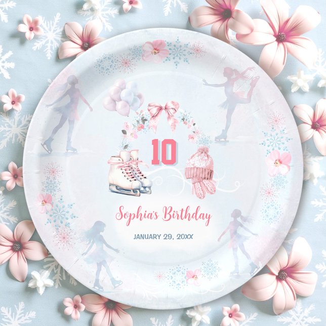 Plato De Papel Chica de invierno azul rosado Fiesta de patinaje s (Ice Skating Party Pink Blue Winter Girl Birthday Paper Plates)