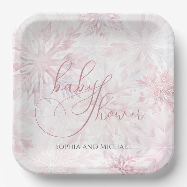 Plato De Papel Chica de invierno Baby Shower copo de nieve rosa (Anverso)