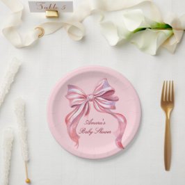 Plato De Papel Chica de lazo de acuarela rosa elegante Baby Showe