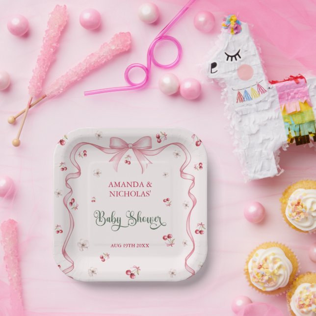 Plato De Papel Chica de lazo de cereza Baby Shower  (Fiesta)