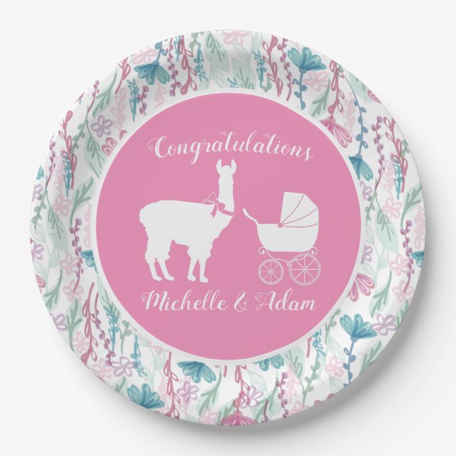 Plato De Papel Chica de Llama Rosa Cute Baby Shower (Anverso)