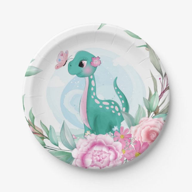 Plato De Papel Chica de mariposa de dinosaurio Verde azulado rosa (Anverso)