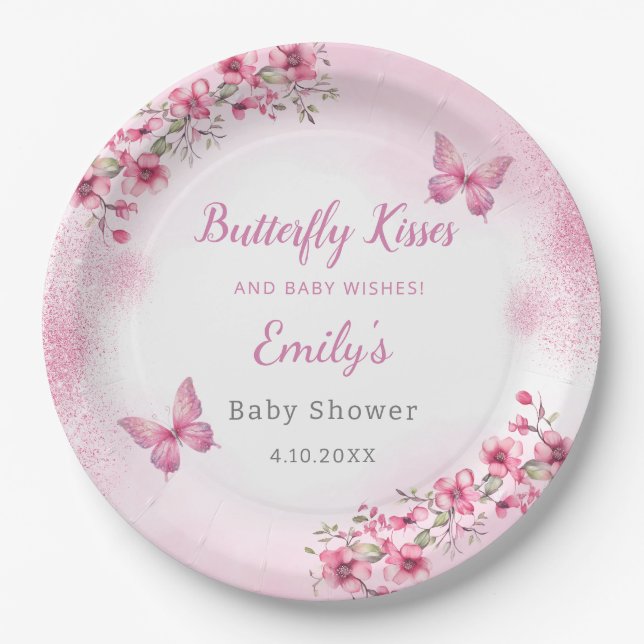 Plato De Papel Chica de mariposa floral floral rosa suave Baby Sh (Anverso)