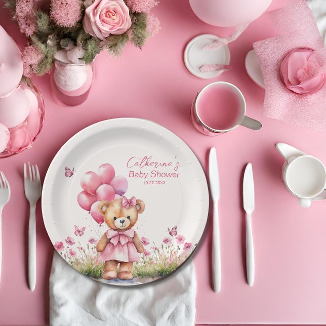 Plato De Papel Chica de mariposa rosa con globo Bear Teddy Bear B (Subido por el creador)