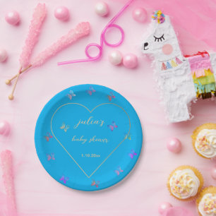 Plato De Papel Chica de mariposa rosa del corazón con ducha de be