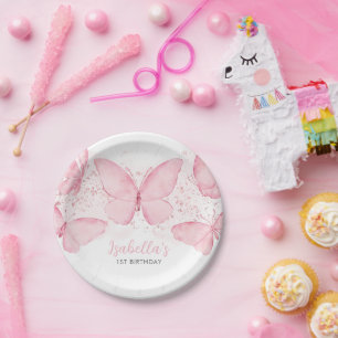 Plato De Papel Chica de mariposa rosa Primer Fiesta de cumpleaños