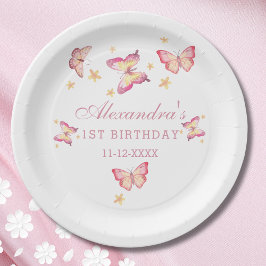 Plato De Papel Chica de mariposa rosada Primer Fiesta de cumpleañ