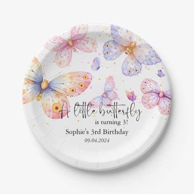 Plato De Papel Chica de mariposa rosada púrpura toda la edad Cump (Anverso)