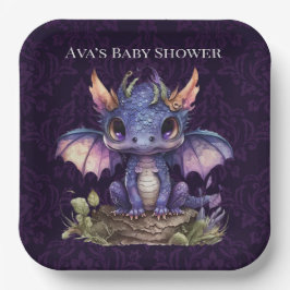 Plato De Papel Chica de moda Damask Purple Dragon Boy Baby Shower