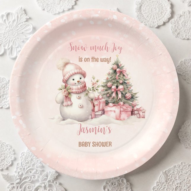 Plato De Papel Chica de Navidades rosados de Snowman (Vintage Snowman Pink Christmas Girl Baby Shower Paper Plates)