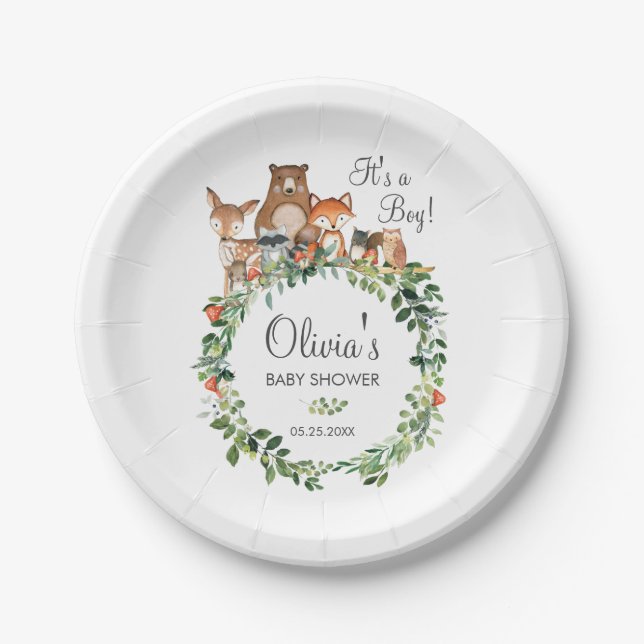 Plato De Papel Chica de niño de Baby Shower Rustic Woodland Anima (Anverso)