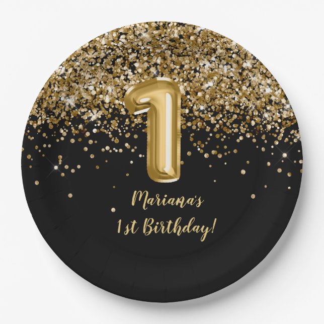 Plato De Papel Chica de niños de oro negro primer Fiesta de cumpl (Anverso)