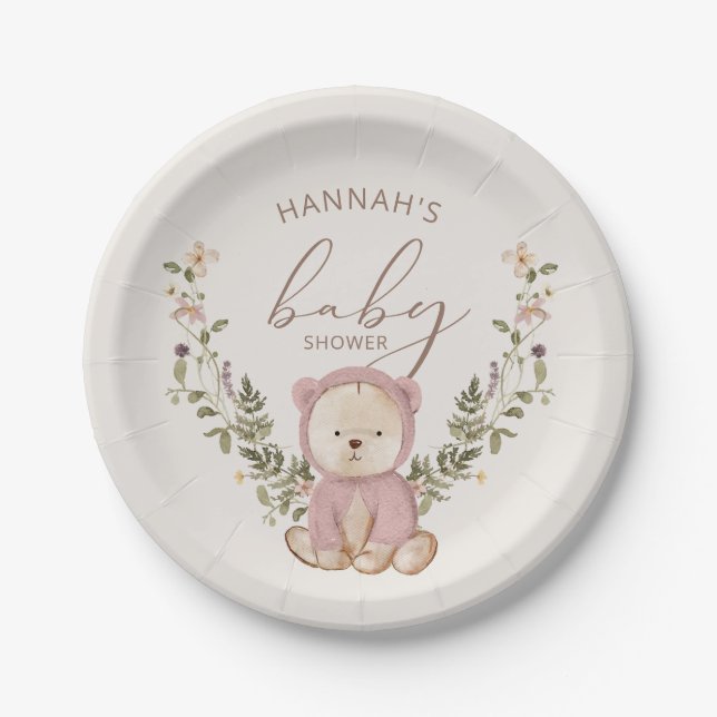 Plato De Papel Chica de oso rosado Teddy Baby Shower (Anverso)