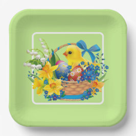 Plato De Papel Chica de Pascua en una cesta de flores Fiesta