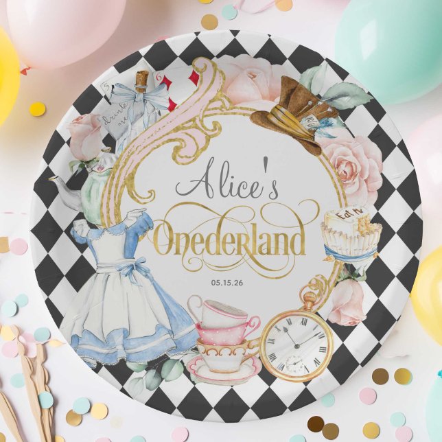 Plato De Papel Chica de primer cumpleaños, Alice Onederland, fies (Alice Onederland, girl 1st birthday, Mad hatter tea party birthday paper plate.)