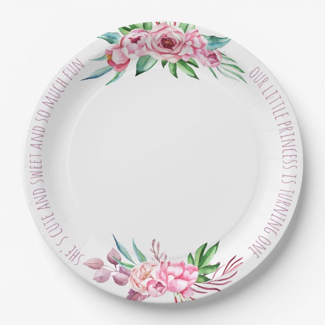 Plato De Papel Chica de primer cumpleaños de Cute Fun Pink Peonie (Anverso)