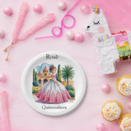 Plato De Papel Chica de Quinceañera en traje rosa y blanco